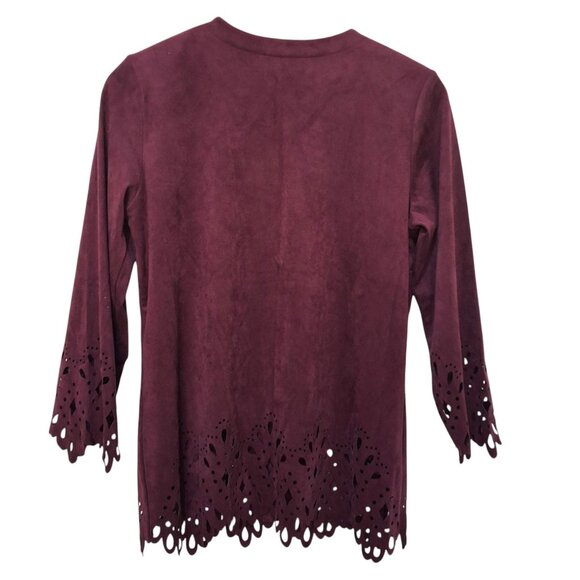 Bob Mackie Burgundy Faux Suede Open Front Cardigan/ Jacket Laser Cut Detail XS/S - Picture 3 of 9